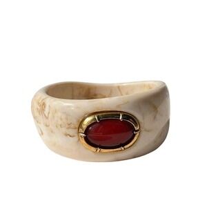 Vintage Style Marbled Cream Resin Chunky Bangle Red Faux Ruby Statement Bracelet